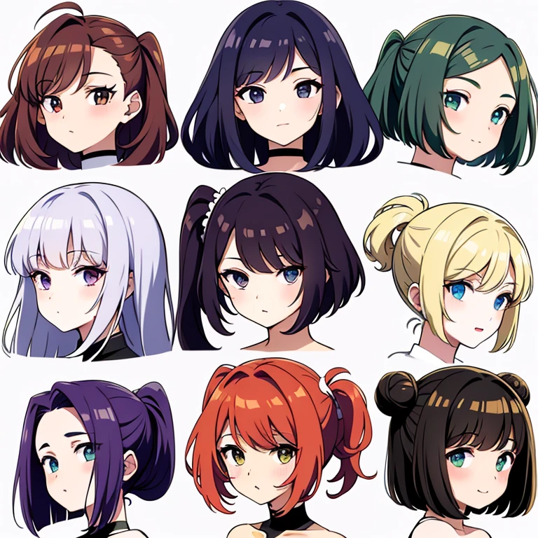 9 girls, white background, different characters, multiple views, (Close up heads, portrait, mugshot), bra, bare shoulders, bikini, different hair colors, different hair styles,
twin-tail hair style,
pony-tail hair, wavy
long hair,
braid,
parted bangs,
high ponytail,
low ponytail,
big hair, cornrows,
hair bun,
hair rings,
half updo hairstyle,
diagonal bangs,
two side up hair,
flipped hair,
blunt bangs,
warm-toned hair colors,
cool-toned hair colors,
brown hair color,
red hair color,
yellow hair color,
white hair color,
purple hair color,
blue hair color,