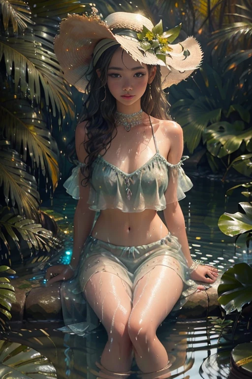 Beauty in hair, with a hat,Sweet girl outfit,Dew, wet body and clothes,drops on the body,humidity,sitting in the water,legs open,Shy,sand and plants,(Delicate images),(Photorealistic: 1.4),(Highly detailed),(high resolution),(Best quality),(masterpiece)