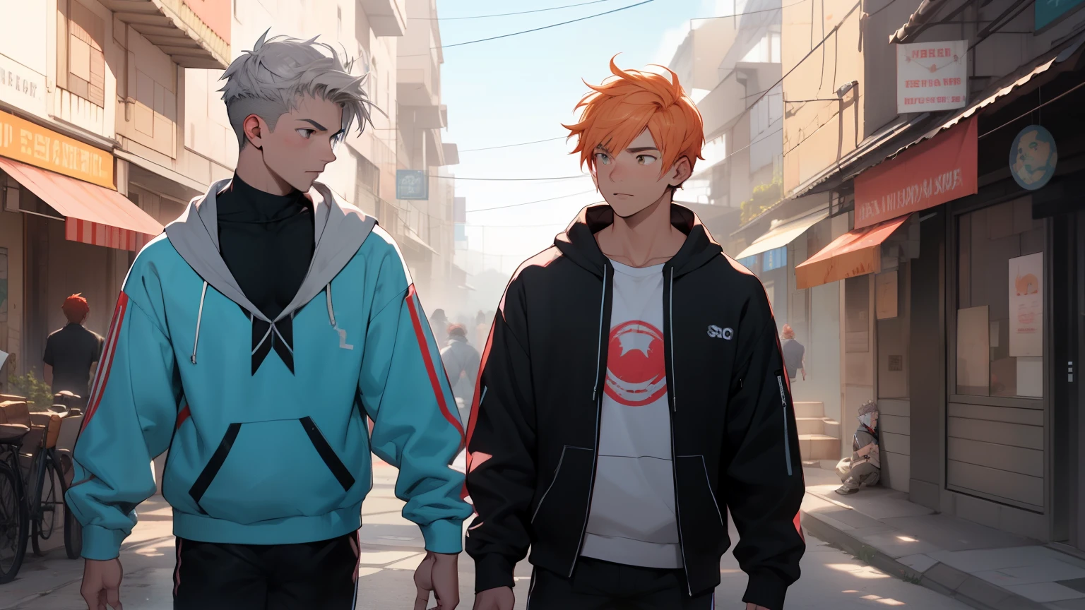 In the background there is a pink and silver Arab city Two 15-year-old teenage friends with orange hair With Latin skin and light gray hair on the outskirts of a large silver city they are talking about an important topic, they are friends almost like brothers.................