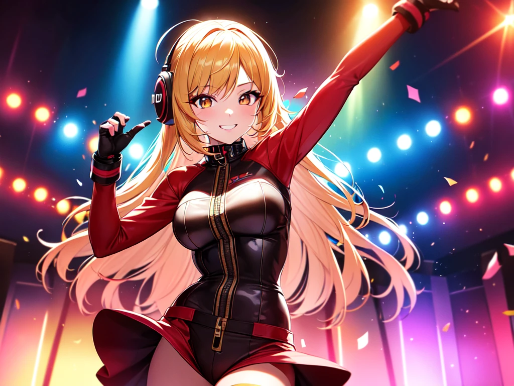 anime girl,short mini red jumpsuit, unzip to belly, headphones,DJ turntable set,club lighting,stage,confetti,dancing,smiling,(best quality:1.2),(ultra-detailed:1.2),(realistic:1.37),HDR,vivid colors,portraits,shorts,headphone girl,energetic pose,colorful lights,stage set,confetti raining,joyful expression,dance floor ,anime style, atmosphere,techno music,electronic dance music,festival vibes,hip hop beats,festival outfit,energetic dance moves,expressive eyes,long braided hairstyle with vibrant blonde color, brown eyes, elaborate makeup neon lights,beaming smile,positive vibes,high-energy performance,stylized backgrounds,colorful visuals,excitement in the air, full body portrait