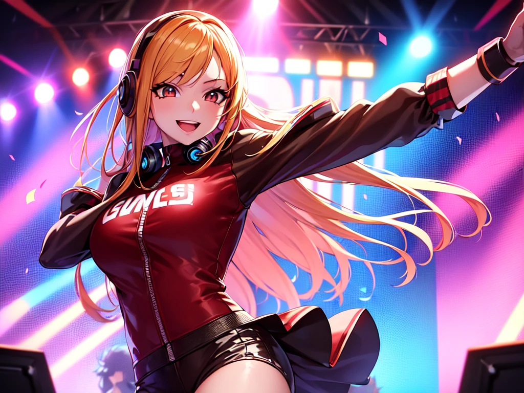 anime girl,short mini red  jumpsuit, unzip to belly, headphones,DJ turntable set,club lighting,stage,confetti,dancing,smiling,(best quality:1.2),(ultra-detailed:1.2),(realistic:1.37),HDR,vivid colors,portraits,shorts,headphone girl,energetic pose,colorful lights,stage set,confetti raining,joyful expression,dance floor ,anime style, atmosphere,techno music,electronic dance music,festival vibes,hip hop beats,festival outfit,energetic dance moves,expressive eyes,long braided hairstyle with vibrant blonde color, brown eyes, elaborate makeup neon lights,beaming smile,positive vibes,high-energy performance,stylized backgrounds,colorful visuals,excitement in the air, full body portrait 