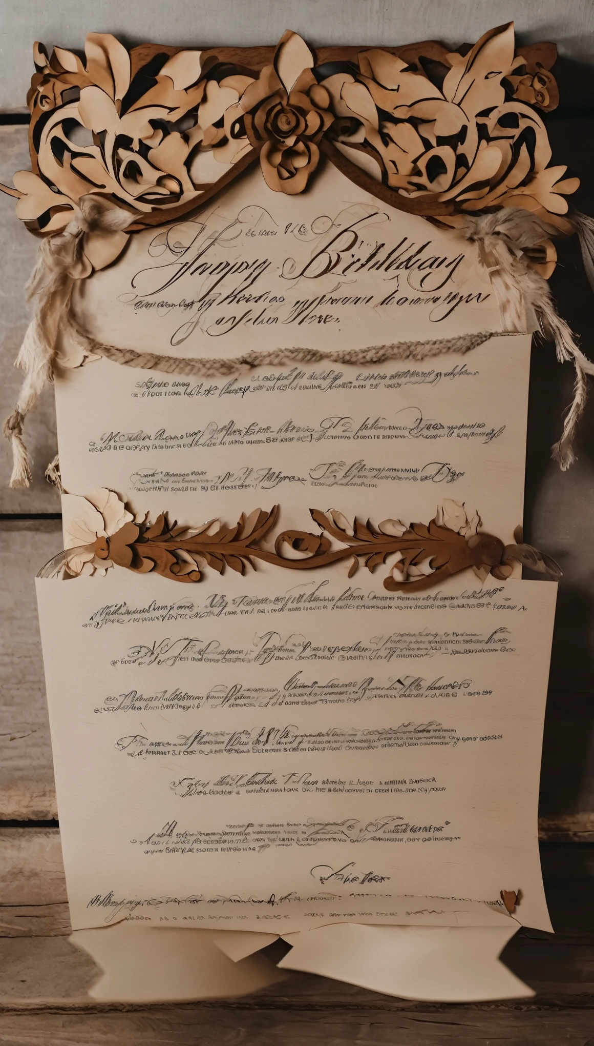 Haz una carta de papel que este en una mesa de madera y en el interior de la carta este escrito (happy birthday emma myers maybe you don't know me, and maybe you don't see this message but I want to tell you that you are the woman who motivates me every day I love you)