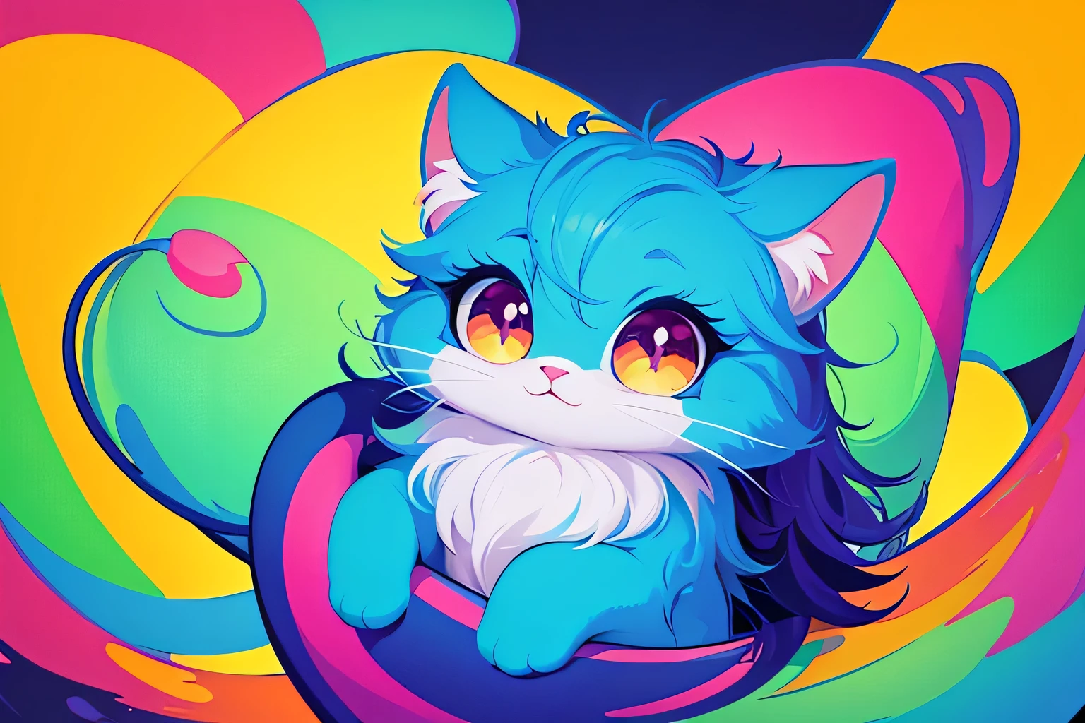 brightly colored chat with big eyes and long whiskers, art vectoriel inspiré par Lisa Frank, volet, Art à fourrure, chat. digital painting, portrait d'une Lisa Frank, cute colorful adorable, illustration of a chat, fluffy chat t - shirt design, art vectoriel multicolore, chat design, peint en couleur sur blanc, Colorful illustration