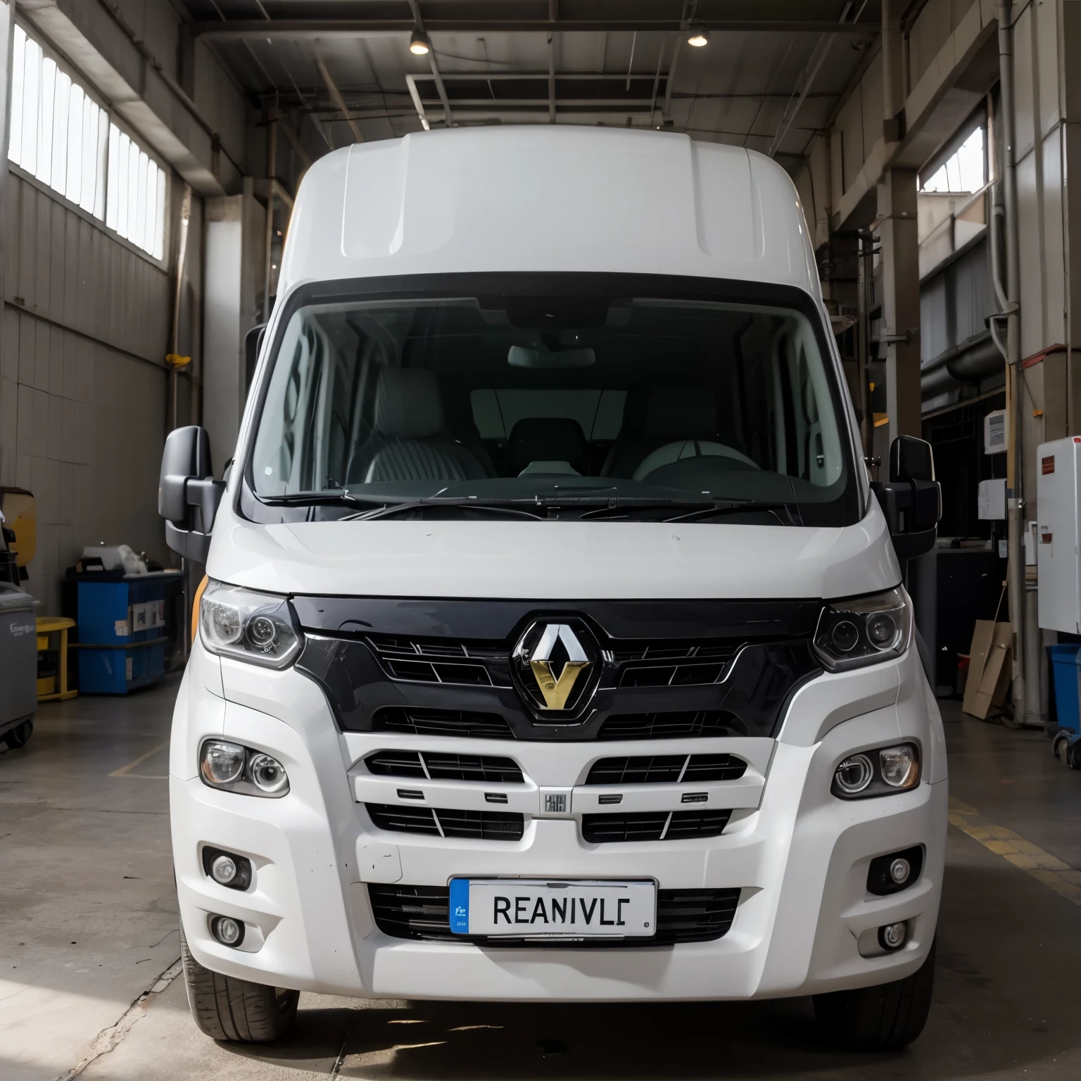 crea una imagen realista  y detallada de varias furgonetas Renault Master L3H2 Euro  aparcadas en frente a una nave industrial
