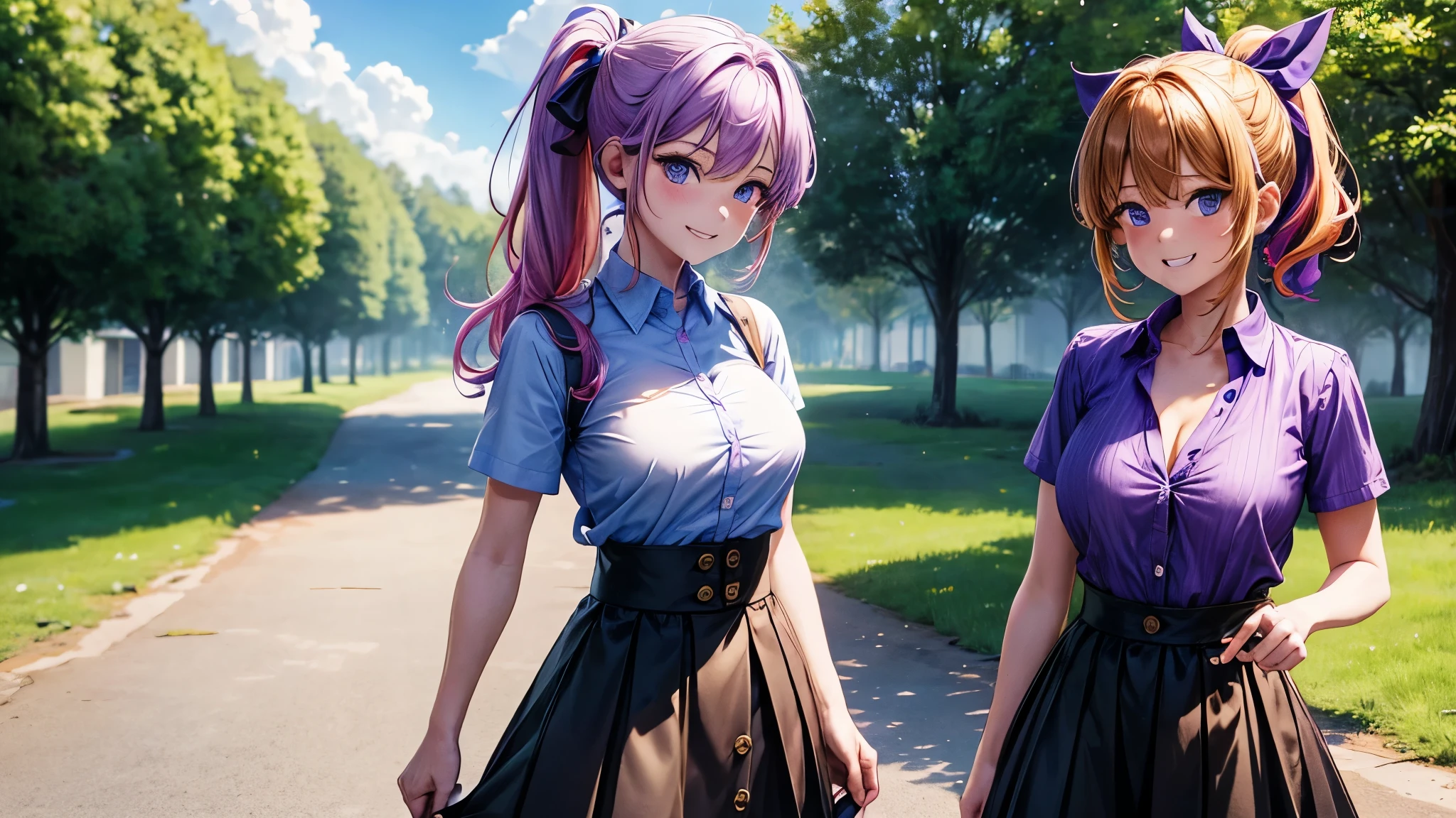 2girls, summer, village, trees, sun, clouds, ((colorful hair)), ponytail, large breasts, button down, blue eyes, ((purple shirt)), ((unbuttoned shirt)), unbuttoning buttons, popping buttons, ((short sleeved shirt)), black mini skirt, brown shoes, grin, looking at the viewer, standing, hair ribbon, cleavage, golden necklate