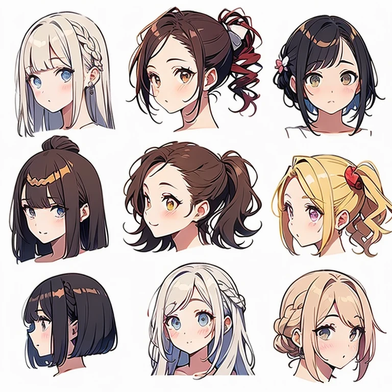 9 girls, white background,  different characters, multiple views, (Close up heads, portrait, mugshot), bra, bare shoulders, bikini, different hair colors, different hair styles, 
twin-tail hair style, 
pony-tail hair, wavy 
long hair, 
braid, 
parted bangs, 
high ponytail, 
low ponytail, 
big hair, cornrows, 
hair bun, 
hair rings, 
half updo hairstyle, 
diagonal bangs, 
two side up hair, 
flipped hair, 
blunt bangs, 

warm-toned hair colors, 
cool-toned hair colors, 
brown hair color, 
red hair color, 
yellow hair color, 
white hair color, 
purple hair color, 
blue hair color,