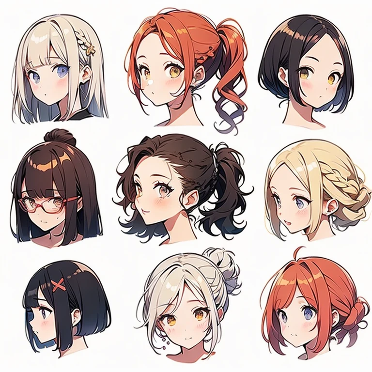 9 girls, white background,  different characters, multiple views, (Close up heads, portrait, mugshot), bra, bare shoulders, bikini, different hair colors, different hair styles, 
twin-tail hair style, 
pony-tail hair, wavy 
long hair, 
braid, 
parted bangs, 
high ponytail, 
low ponytail, 
big hair, cornrows, 
hair bun, 
hair rings, 
half updo hairstyle, 
diagonal bangs, 
two side up hair, 
flipped hair, 
blunt bangs, 

warm-toned hair colors, 
cool-toned hair colors, 
brown hair color, 
red hair color, 
yellow hair color, 
white hair color, 
purple hair color, 
blue hair color,