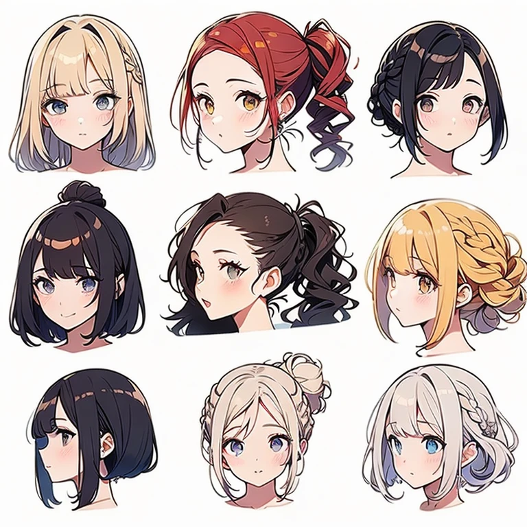 9 girls, white background,  different characters, multiple views, (Close up heads, portrait, mugshot), bra, bare shoulders, bikini, different hair colors, different hair styles, 
twin-tail hair style, 
pony-tail hair, wavy 
long hair, 
braid, 
parted bangs, 
high ponytail, 
low ponytail, 
big hair, cornrows, 
hair bun, 
hair rings, 
half updo hairstyle, 
diagonal bangs, 
two side up hair, 
flipped hair, 
blunt bangs, 

warm-toned hair colors, 
cool-toned hair colors, 
brown hair color, 
red hair color, 
yellow hair color, 
white hair color, 
purple hair color, 
blue hair color,