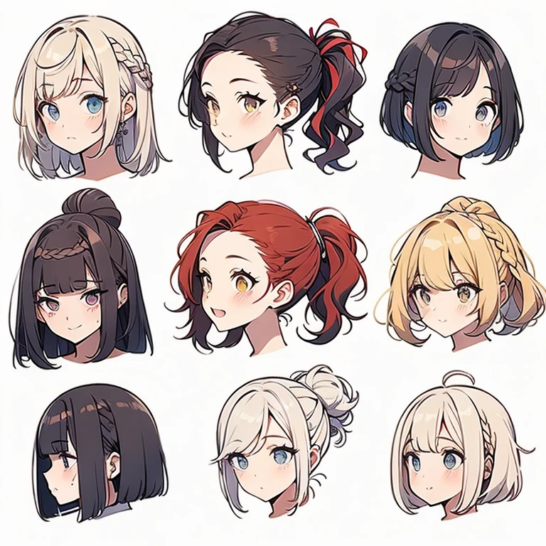 9 girls, white background,  different characters, multiple views, (Close up heads, portrait, mugshot), bra, bare shoulders, bikini, different hair colors, different hair styles, 
twin-tail hair style, 
pony-tail hair, wavy 
long hair, 
braid, 
parted bangs, 
high ponytail, 
low ponytail, 
big hair, cornrows, 
hair bun, 
hair rings, 
half updo hairstyle, 
diagonal bangs, 
two side up hair, 
flipped hair, 
blunt bangs, 

warm-toned hair colors, 
cool-toned hair colors, 
brown hair color, 
red hair color, 
yellow hair color, 
white hair color, 
purple hair color, 
blue hair color,