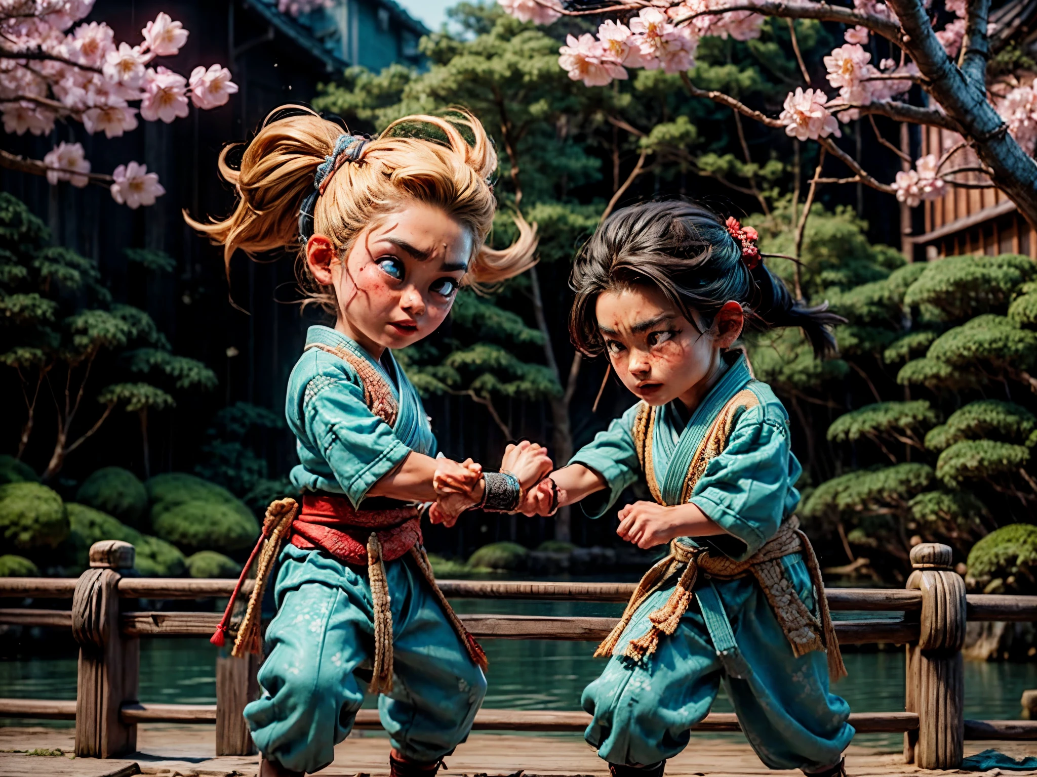 a girl fighting with an assassin using drunken boxing style,best quality,4k,8k,highres,masterpiece:1.2,ultra-detailed,realistic:1.37,portraits,anime,sharp focus,vivid colors,studio lighting,intricate martial arts movements,dynamic action poses,Japanese landscape backdrop,mysterious moonlit night scene,detailed traditional kimono,flowing hair,expressive eyes,lithe and graceful body,secret ancestral techniques,meticulous attention to facial features,dramatic atmosphere,highly skilled in martial arts and weaponry,fluid motions and extravagant attacks,visual storytelling,glimmering stars in the night sky,forceful stance,strong and determined expression,fast-paced and intense combat,precise and calculated movements,battling on a wooden bridge spanning a quiet stream,temples and cherry blossoms in the background