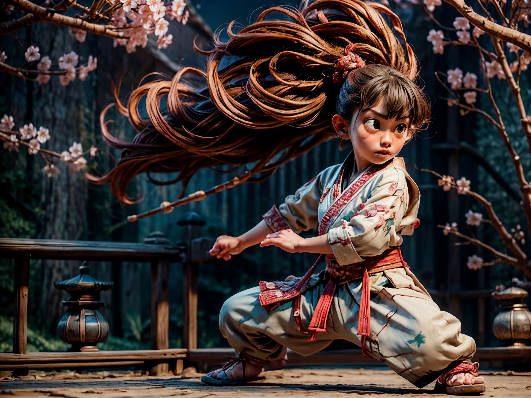 a girl fighting with an assassin using drunken boxing style,best quality,4k,8k,highres,masterpiece:1.2,ultra-detailed,realistic:1.37,portraits,anime,sharp focus,vivid colors,studio lighting,intricate martial arts movements,dynamic action poses,Japanese landscape backdrop,mysterious moonlit night scene,detailed traditional kimono,flowing hair,expressive eyes,lithe and graceful body,secret ancestral techniques,meticulous attention to facial features,dramatic atmosphere,highly skilled in martial arts and weaponry,fluid motions and extravagant attacks,visual storytelling,glimmering stars in the night sky,forceful stance,strong and determined expression,fast-paced and intense combat,precise and calculated movements,battling on a wooden bridge spanning a quiet stream,temples and cherry blossoms in the background