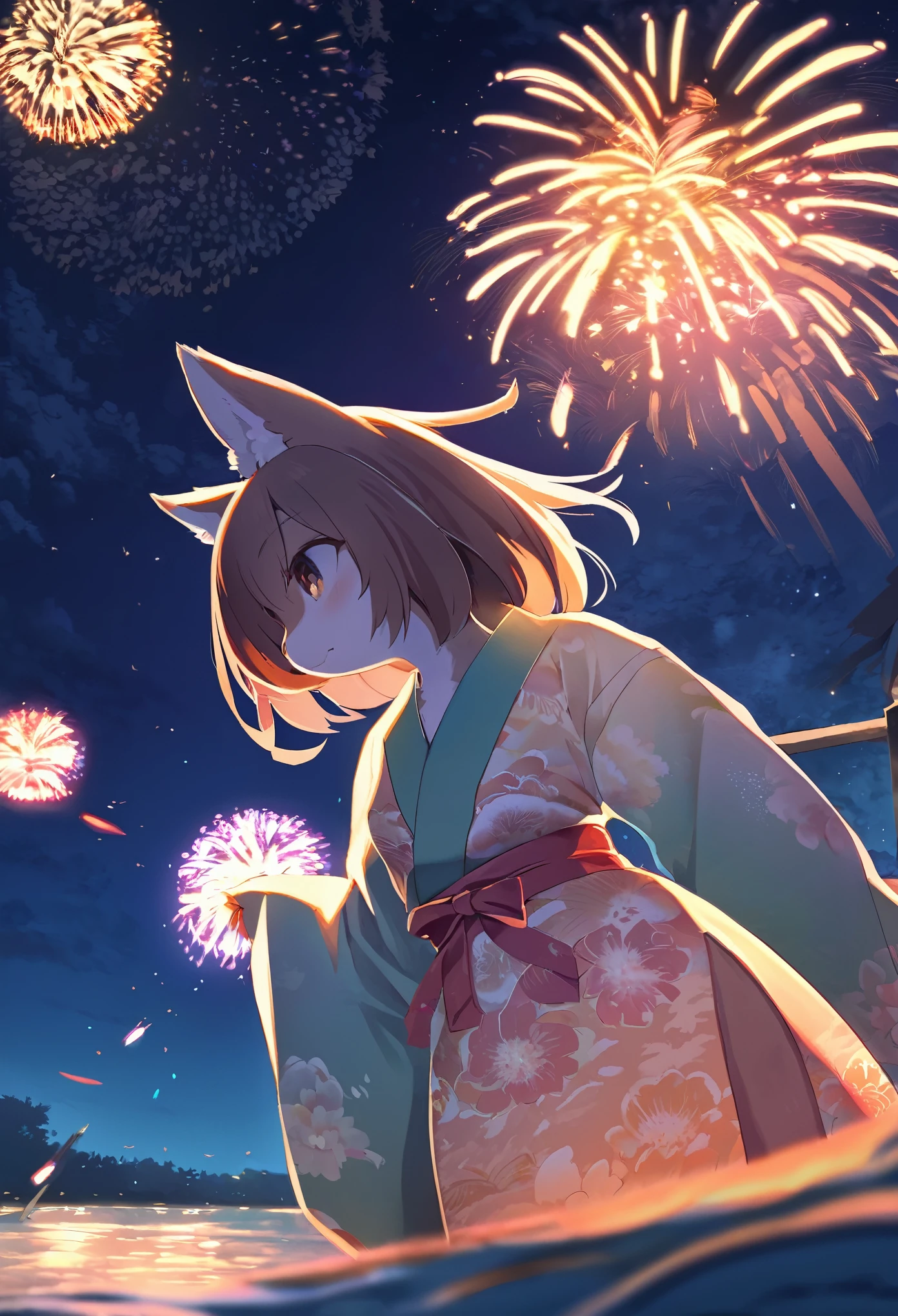 top quality, best quality, highres, masterpiece, super high resolution, detailed background, lake, nigh sky, firework, japanese yukata, absurdres, perfect anatomy, good lighting, cinematic shadow(1girl, kemono, furry anthro)assorted expressions, upper shot, dynamic angle,