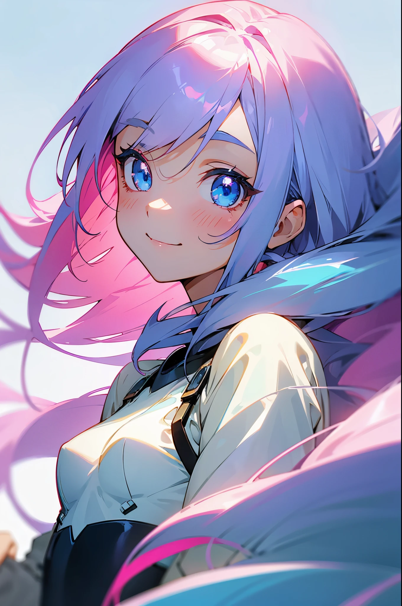 1 girl、pink hair、beautiful anime girl、small breasts、long hair、bangs、blue hair、light blue eyes、upper body close-up、smile、From the side、shiny skin