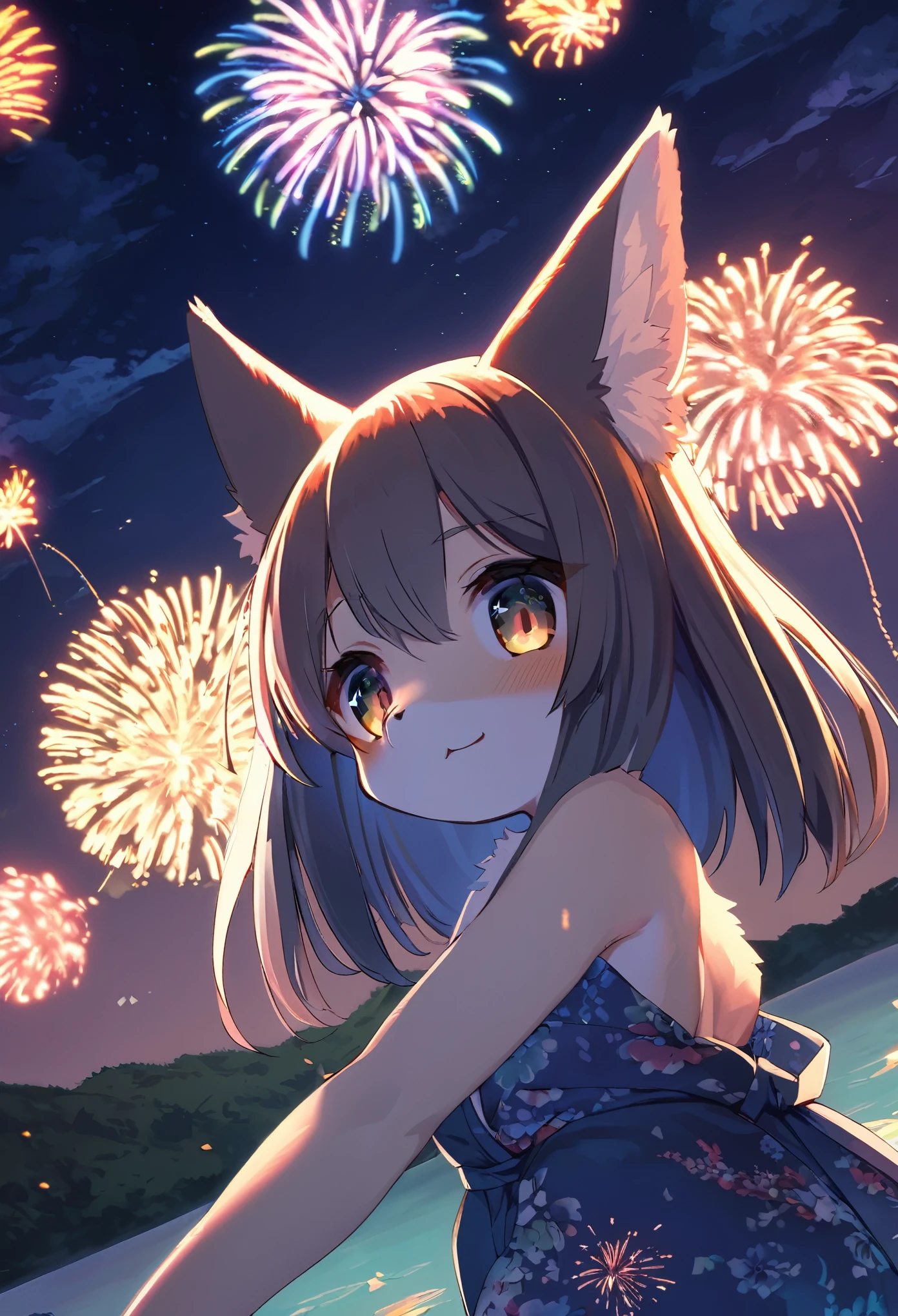 top quality, best quality, highres, masterpiece, super high resolution, detailed background, lake, nigh sky, firework, japanese yukata, absurdres, perfect anatomy, good lighting, cinematic shadow(1girl, kemono, furry anthro)assorted expressions, upper shot, dynamic angle,