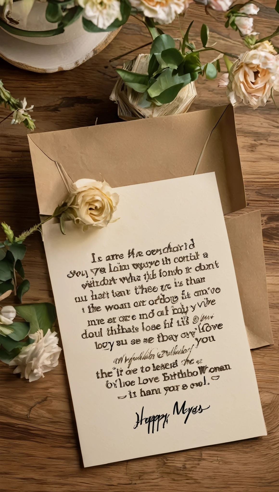 Haz una carta de papel que este en una mesa de madera y en el interior de la carta este escrito (happy birthday emma myers maybe you don't know me, and maybe you don't see this message but I want to tell you that you are the woman who motivates me every day I love you)