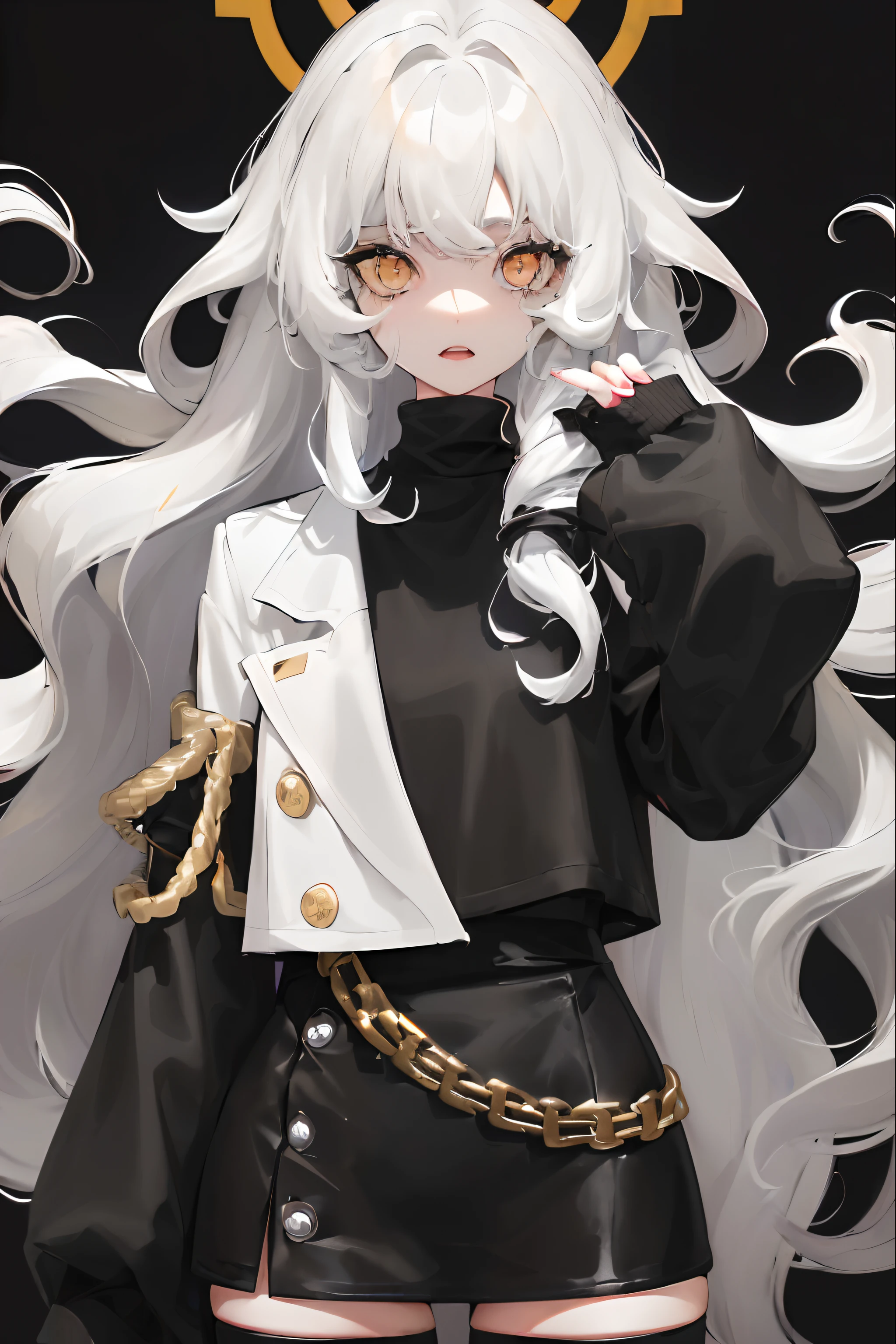 1woman, ((long wavy hair)), ((half of her hair is white and the other half of her hair is black split into two colors)), swept bangs, ((golden eyes)), yawning, black turtleneck, pirate coat, dark sky, pretty eyes