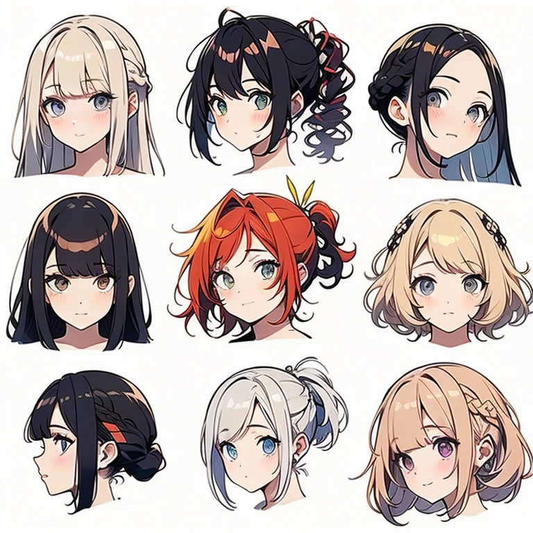 9 girls, white background,  different characters, multiple views, (Close up heads, portrait, mugshot), bra, bare shoulders, bikini, different hair colors, different hair styles, 
twin-tail hair style, 
pony-tail hair, wavy 
long hair, 
braid, 
parted bangs, 
high ponytail, 
low ponytail, 
big hair, cornrows, 
hair bun, 
hair rings, 
half updo hairstyle, 
diagonal bangs, 
two side up hair, 
flipped hair, 
blunt bangs, 

warm-toned hair colors, 
cool-toned hair colors, 
brown hair color, 
red hair color, 
yellow hair color, 
white hair color, 
purple hair color, 
blue hair color,