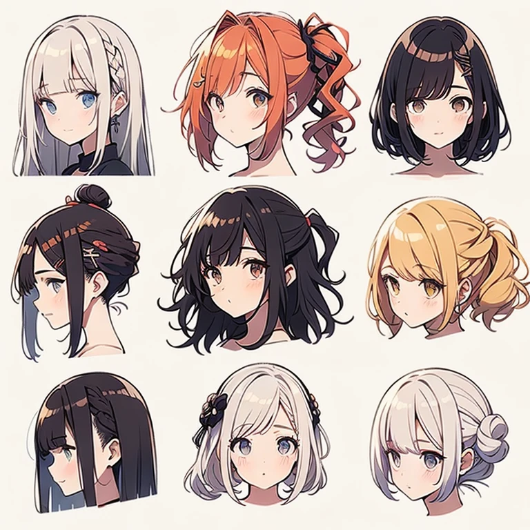 9 girls, white background,  different characters, multiple views, (Close up heads, portrait, mugshot), bra, bare shoulders, bikini, different hair colors, different hair styles, 
twin-tail hair style, 
pony-tail hair, wavy 
long hair, 
braid, 
parted bangs, 
high ponytail, 
low ponytail, 
big hair, cornrows, 
hair bun, 
hair rings, 
half updo hairstyle, 
diagonal bangs, 
two side up hair, 
flipped hair, 
blunt bangs, 

warm-toned hair colors, 
cool-toned hair colors, 
brown hair color, 
red hair color, 
yellow hair color, 
white hair color, 
purple hair color, 
blue hair color,