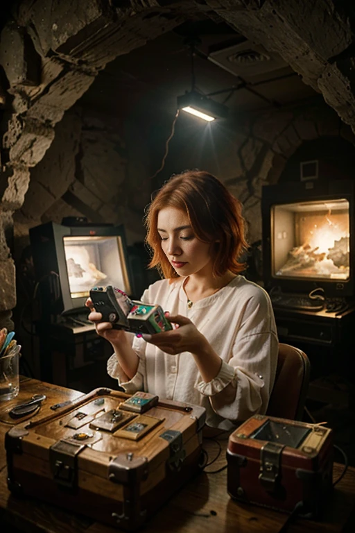 (best quality,4k,8k,highres,masterpiece:1.37), ultra-detailed, (realistic,photorealistic,photo-realistic:1.5), pixel art, (aerial view), (top down perspective), cbpkv5, (the focal point is one woman pulling a video game cartridge out of a futuristic treasure chest full of retro video game cartridges:1.6), (the woman is looking down:1.5), (Futuristic treasure box), (The woman is looking inside the treasure box:1.6), (The scene unfolds inside a mystical cavern:1.4), mecha, (dynamic angle:1.4), (The woman has short pastel-red hair:1.6), (fantasy and sci-fi mixed:1.5), holographic glitch effects floats around the woman, vibrant colors, (A purple glow emanates from inside the treasure chest), glowing lights, (abandoned machinery), (there are old video game cartridges and consoles on the background), mystical creatures, pixelated details, (there are crystal formations spreading on the background), (futuristic technology), (ancient artifacts), mystical energy, vibrant retro aesthetic, atmospheric lighting, hidden passages, ancient ruins, mysterious symbols, shimmering water, lush vegetation, interdimensional portals, ethereal music, nostalgic atmosphere, immersive storytelling, epic adventure, delightful surprises.