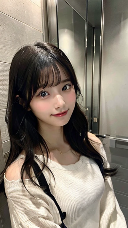 highest quality, masterpiece, ultra high resolution,(realistic:1.4), (Raw photo:1.2),(wearing a camisole)、half_smile, fine eyes, (looking at the viewer:1.2), (beautiful face:1.2), girl, 18-year-old, ,(self snap),standing pose、(A room with a sense of life),(Take a selfie in the bathroom mirror:1.5)Japanese、black hair、a little long hair