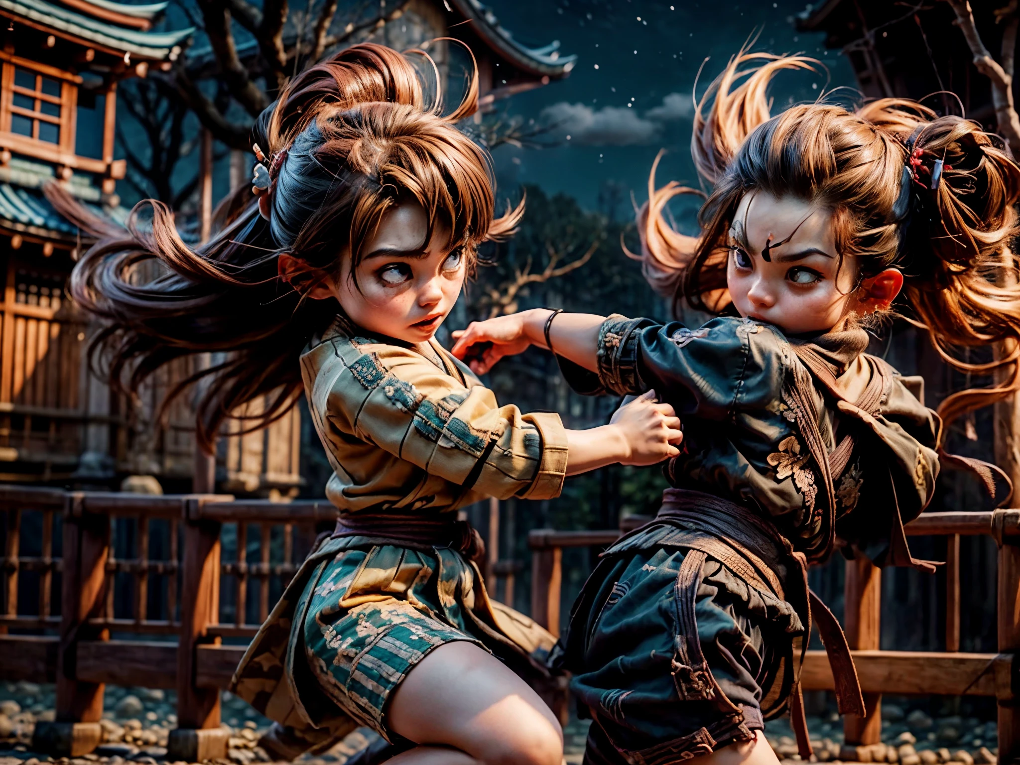 a girl fighting with an assassin using drunken boxing style,best quality,4k,8k,highres,masterpiece:1.2,ultra-detailed,realistic:1.37,portraits,anime,sharp focus,vivid colors,studio lighting,intricate martial arts movements,dynamic action poses,Japanese landscape backdrop,mysterious moonlit night scene,detailed traditional kimono,flowing hair,expressive eyes,lithe and graceful body,secret ancestral techniques,meticulous attention to facial features,dramatic atmosphere,highly skilled in martial arts and weaponry,fluid motions and extravagant attacks,visual storytelling,glimmering stars in the night sky,forceful stance,strong and determined expression,fast-paced and intense combat,precise and calculated movements,battling on a wooden bridge spanning a quiet stream,temples and cherry blossoms in the background