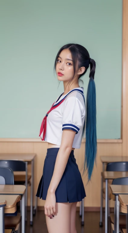 ((mental health, Hairstyle is Twintails)), one girls，a beauty girl，japanese beautiful woman，The upper body is a sailor suit，Lower body miniskirt，The background is the classroom，Panoramic light，（realistic detail，Natural Skin Texture），intricate-detail，Very detailed，Ultra photo realsisim，The skin is delicate and shiny，full body shot shot，Turn your face away from the camera，looking at away，well-proportioned legs，with blue hair，Red lips，With lip gloss on lips，Blushlush，slim figure，Slim thighs，thin waist，Sweat grows on the body， 8K resolution, Has a sad look, After-school classroom