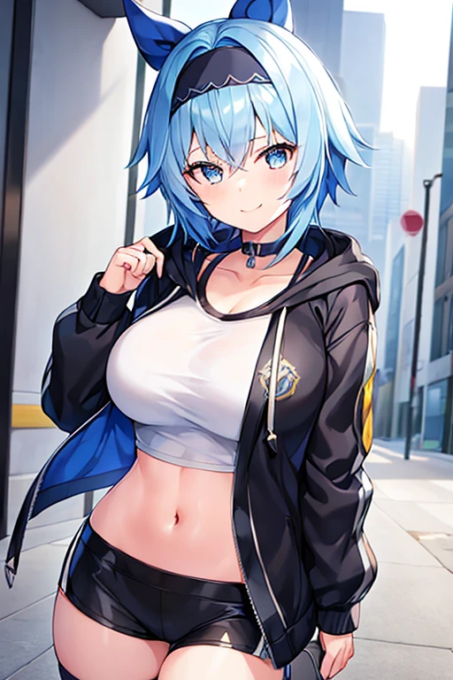 1girl, blue hair, very short hair, eula \(genshin impact\), black jacket, jacket, hooded jacket, hood, shirt, white shirt, black headband, headband, large breasts, shorts, short pants, black shorts, urban, smile, normal clothes, simple clothes, happy, light smile, tall, tall female, city, cropped jacket, long shirt,