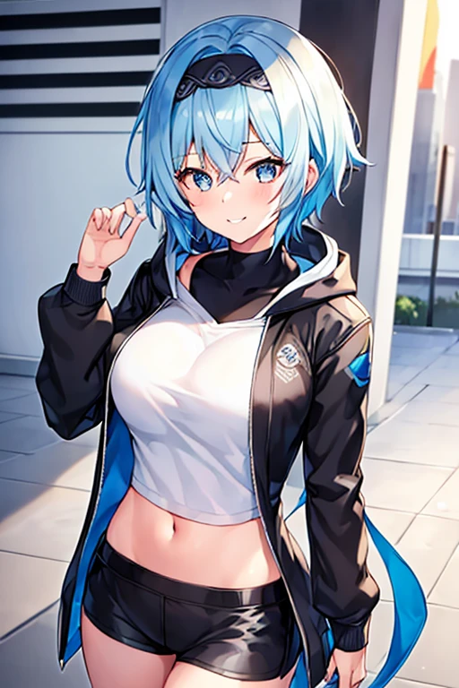 1girl, blue hair, very short hair, eula \(genshin impact\), black jacket, jacket, hooded jacket, hood, shirt, white shirt, black headband, headband, large breasts, shorts, short pants, black shorts, urban, smile, normal clothes, simple clothes, happy, light smile, tall, tall female, city, cropped jacket, long shirt,