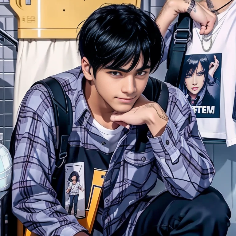 Uncle, realistic, black hair, The crew cut their hair, alone, Light purple clothes, flannel shirt, white t-shirt inside, Shoulder bag, evil smile, Place your elbows on your knees, one knee, put your hand on your chin, black skin_male,