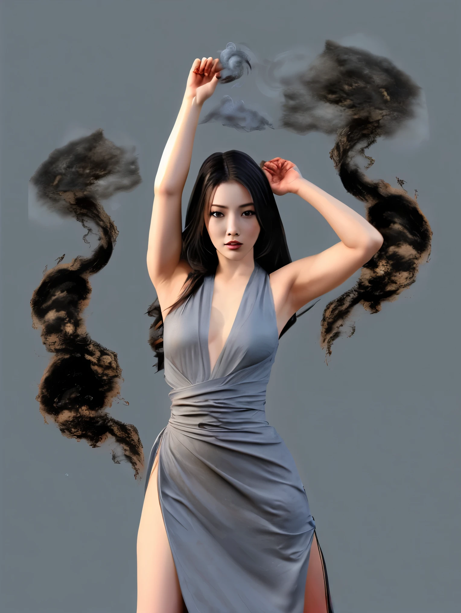 wuxia girl,hanfu dress hem resembling smoke,fractal art,long hair,cyclone,arm up,full body