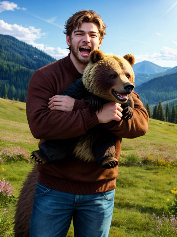 sandwiched, , 1boys, a bear, a grizzly bear, hetero, twosome, boy is putin, a big grizzly, men hugging the bear , size difference, height difference, a growl, a predatory grin, horror, screaming, spring, green lawn, rolling hills, detailed character design, Resolution: 4k, best quality, masterpiece, high resolution, 