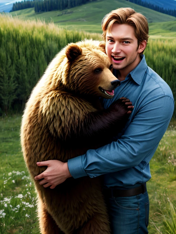 sandwiched, , 1boys, a bear, a grizzly bear, hetero, twosome, boy is putin, a big grizzly, men hugging the bear , size difference, height difference, a growl, a predatory grin, horror, screaming, spring, green lawn, rolling hills, detailed character design, Resolution: 4k, best quality, masterpiece, high resolution, 