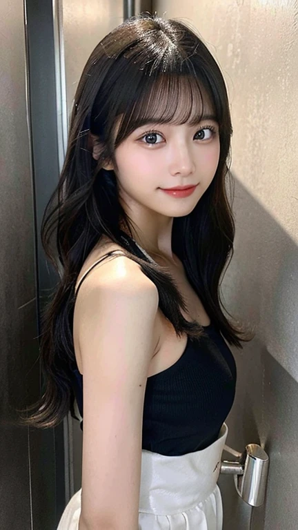 highest quality, masterpiece, ultra high resolution,(realistic:1.4), (Raw photo:1.2),(wearing a camisole)、half_smile, fine eyes, (looking at the viewer:1.2), (beautiful face:1.2), girl, 18-year-old,standing pose、(A room with a sense of life),(Take a selfie in the bathroom mirror:1.5)Japanese、black hair、a little long hair、front angle