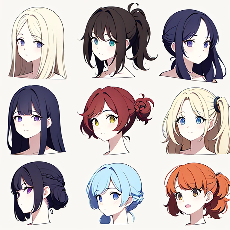 9 girls, white background, different characters, multiple views, (Close up heads, portrait, mugshot), bra, bare shoulders, bikini, different hair colors, different hair styles,
twin-tail hair style,
pony-tail hair, wavy
long hair,
braid,
parted bangs,
high ponytail,
low ponytail,
big hair, cornrows,
hair bun,
hair rings,
half updo hairstyle,
diagonal bangs,
two side up hair,
flipped hair,
blunt bangs,
warm-toned hair colors,
cool-toned hair colors,
brown hair color,
red hair color,
yellow hair color,
white hair color,
purple hair color,
blue hair color,