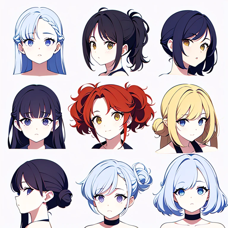 9 girls, white background,  different characters, multiple views, (Close up heads, portrait, mugshot), bra, bare shoulders, bikini, different hair colors, different hair styles, 
twin-tail hair style, 
pony-tail hair, wavy 
long hair, 
braid, 
parted bangs, 
high ponytail, 
low ponytail, 
big hair, cornrows, 
hair bun, 
hair rings, 
half updo hairstyle, 
diagonal bangs, 
two side up hair, 
flipped hair, 
blunt bangs, 

warm-toned hair colors, 
cool-toned hair colors, 
brown hair color, 
red hair color, 
yellow hair color, 
white hair color, 
purple hair color, 
blue hair color,