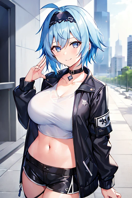 1girl, blue hair, very short hair, eula \(genshin impact\), black jacket, jacket, shirt, white shirt, black headband, headband, large breasts, shorts, short pants, black shorts, urban, smile, normal clothes, simple clothes, happy, light smile, tall, tall female, city, cropped jacket, ((cropped jacket)), long shirt,
