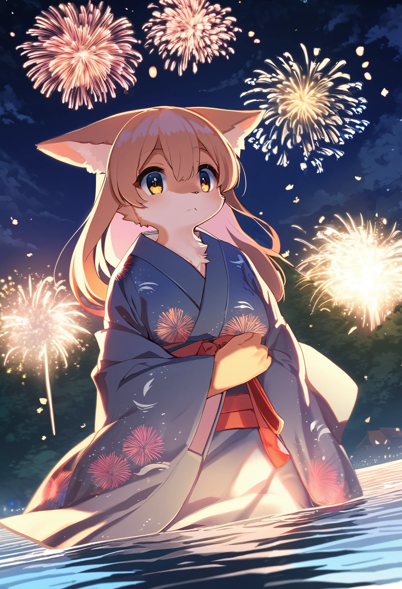 top quality, best quality, highres, masterpiece, super high resolution, detailed background, lake, nigh sky, firework, japanese yukata, absurdres, perfect anatomy, good lighting, cinematic shadow(1girl, kemono, furry anthro)assorted expressions, upper shot, dynamic angle,