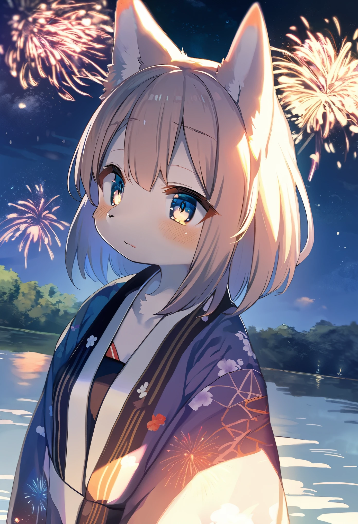 top quality, best quality, highres, masterpiece, super high resolution, detailed background, lake, nigh sky, firework, japanese yukata, absurdres, perfect anatomy, good lighting, cinematic shadow(1girl, kemono, furry anthro)assorted expressions, upper shot, dynamic angle,