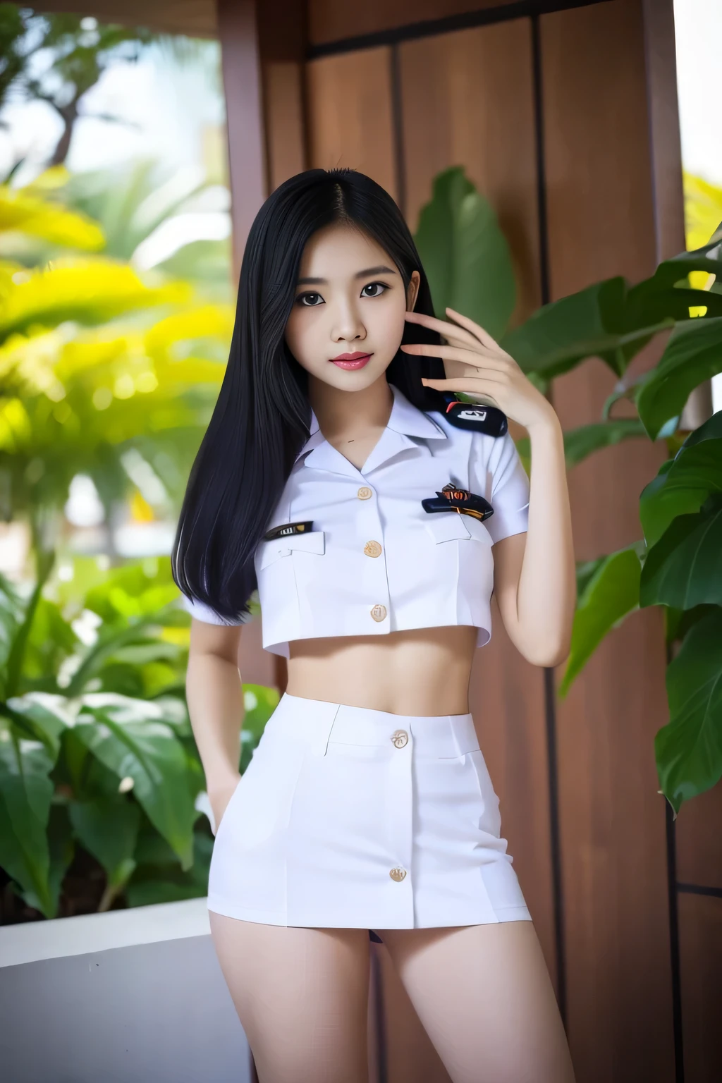 Beauty Indonesian woman in student uniform, beauty big breast, show pubic hairs, vivid colors, bokeh