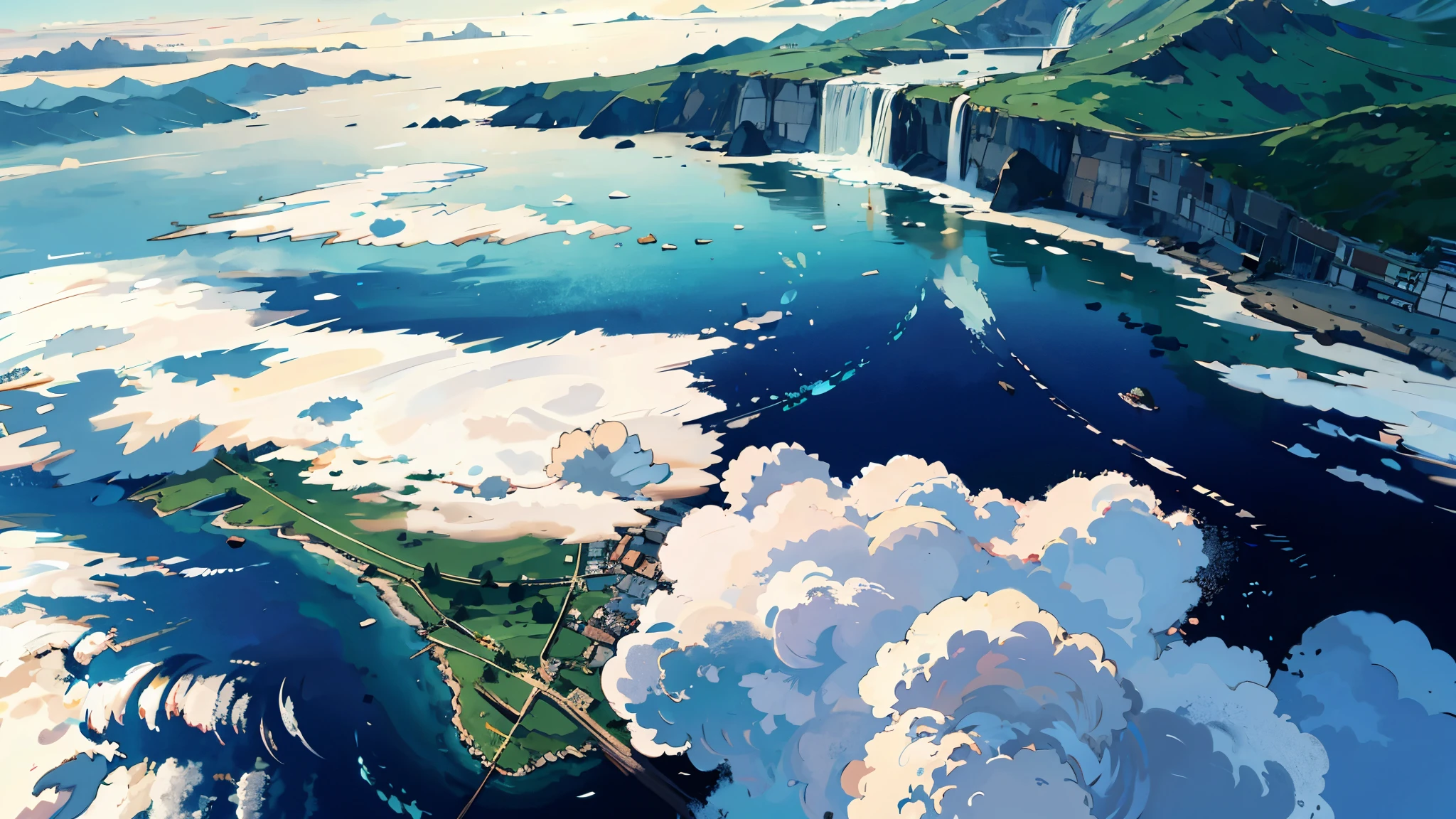 (An islands (floating:1.5) above the clouds), a river flowing from the center of the island, and a falling waterfall (looking down from directly above),