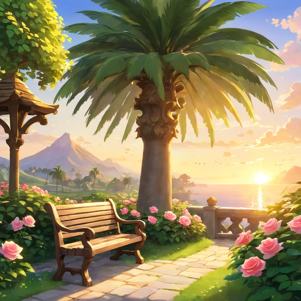 best quality,4k,8k,highres,masterpiece:1.2,ultra-detailed,realistic:1.37,beautiful garden,serene atmosphere,colorful flowers,whispering trees,sparkling water,romantic pathway,sunlit meadows,peaceful birds chirping,playful butterflies dancing,happy couple relaxing,refreshing fountain,freshly bloomed roses,fragrant jasmine,towering palm trees,lush greenery,delicate petals,gentle breeze,inviting bench,stunning sunset,soft golden light,tranquil ambiance