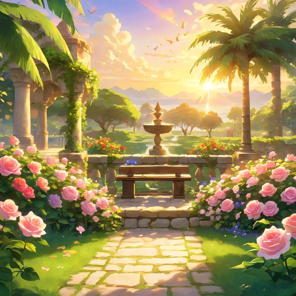 best quality,4k,8k,highres,masterpiece:1.2,ultra-detailed,realistic:1.37,beautiful garden,serene atmosphere,colorful flowers,whispering trees,sparkling water,romantic pathway,sunlit meadows,peaceful birds chirping,playful butterflies dancing,happy couple relaxing,refreshing fountain,freshly bloomed roses,fragrant jasmine,towering palm trees,lush greenery,delicate petals,gentle breeze,inviting bench,stunning sunset,soft golden light,tranquil ambiance