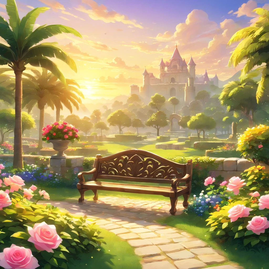 best quality,4k,8k,highres,masterpiece:1.2,ultra-detailed,realistic:1.37,beautiful garden,serene atmosphere,colorful flowers,whispering trees,sparkling water,romantic pathway,sunlit meadows,peaceful birds chirping,playful butterflies dancing,happy couple relaxing,refreshing fountain,freshly bloomed roses,fragrant jasmine,towering palm trees,lush greenery,delicate petals,gentle breeze,inviting bench,stunning sunset,soft golden light,tranquil ambiance