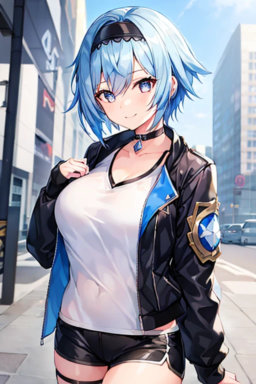 1girl, blue hair, very short hair, eula \(genshin impact\), black jacket, jacket, shirt, white shirt, black headband, headband, large breasts, breasts, thick thighs, hourglass figure, mature female, shorts, short pants, black pants, urban, smile, simple clothes, happy, light smile, tall, tall female, oversized shirt, long shirt, ((cropped jacket)), cropped jacket, belt, covered navel, tomboy