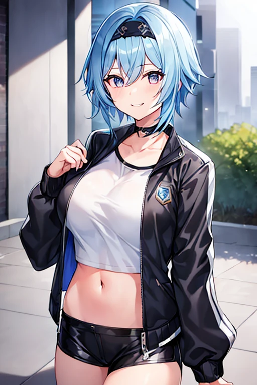 1girl, blue hair, very short hair, eula \(genshin impact\), black jacket, jacket, shirt, white shirt, black headband, headband, large breasts, shorts, short pants, black shorts, urban, smile, normal clothes, simple clothes, happy, light smile, tall, tall female, city, cropped jacket, ((cropped jacket)), long shirt,