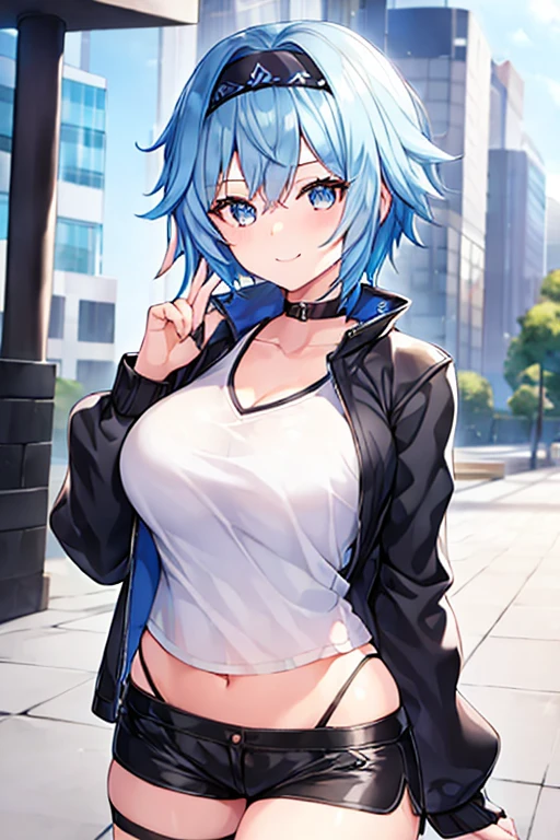 1girl, blue hair, very short hair, eula \(genshin impact\), black jacket, jacket, shirt, white shirt, black headband, headband, large breasts, shorts, short pants, black shorts, urban, smile, normal clothes, simple clothes, happy, light smile, tall, tall female, city, cropped jacket, ((cropped jacket)), long shirt,