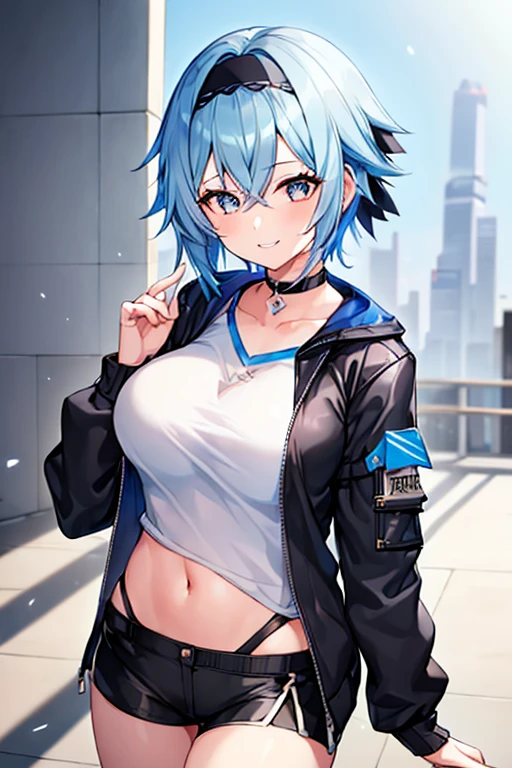 1girl, blue hair, very short hair, eula \(genshin impact\), black jacket, jacket, shirt, white shirt, black headband, headband, large breasts, breasts, thick thighs, hourglass figure, mature female, shorts, short pants, black shorts, urban, smile, normal clothes, simple clothes, happy, light smile, tall, tall female, oversized shirt, long shirt, ((cropped jacket)), cropped jacket,