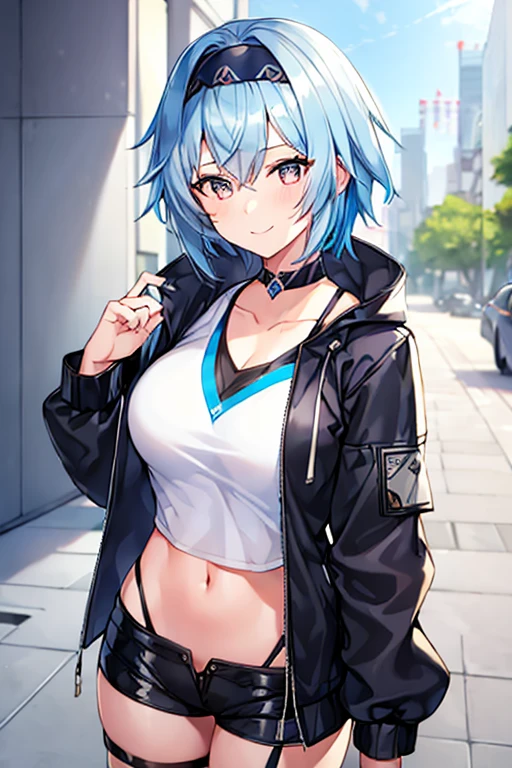 1girl, blue hair, very short hair, eula \(genshin impact\), black jacket, jacket, shirt, white shirt, black headband, headband, large breasts, shorts, short pants, black shorts, urban, smile, normal clothes, simple clothes, happy, light smile, tall, tall female, city, cropped jacket, ((cropped jacket)), long shirt,