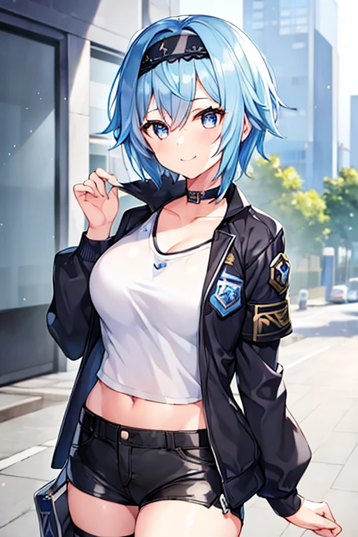 1girl, blue hair, very short hair, eula \(genshin impact\), black jacket, jacket, shirt, white shirt, black headband, headband, large breasts, shorts, short pants, black shorts, urban, smile, normal clothes, simple clothes, happy, light smile, tall, tall female, city, cropped jacket, ((cropped jacket)), long shirt,