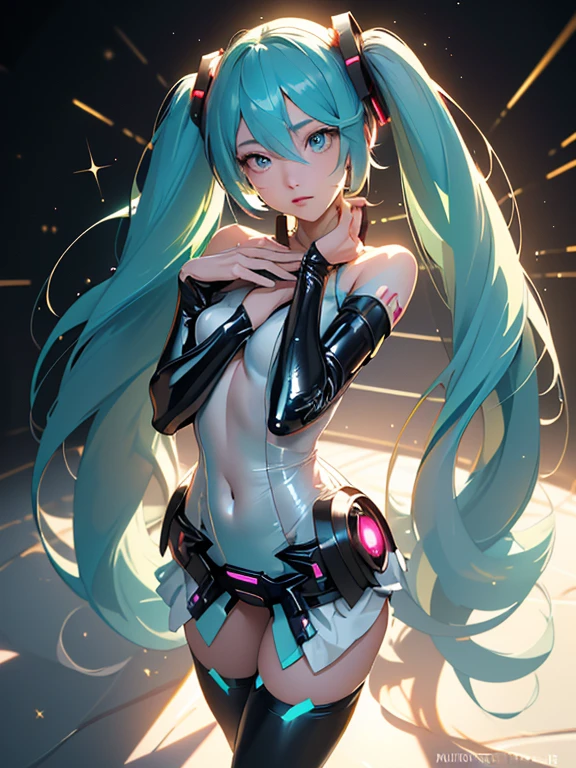 (((1girl))), (((Waifu, VOCALOID, Miku Hatsune Waifu))), (((Long Hair, Twintails Hair))), ((Cyan Eyes eyes:1.3, Upturned Eyes: 1, Perfect Eyes, Beautiful Detailed Eyes, Gradient eyes: 1, Finely Detailed Beautiful Eyes: 1, Symmetrical Eyes: 1, Big Highlight On Eyes: 1.2)), (((Lustrous Skin: 1.5, Bright Skin: 1.5, Skin Fair, Shiny Skin, Very Shiny Skin, Shiny Body, Plastic Glitter Skin, Exaggerated Shiny Skin, Illuminated Skin))), (Detailed Body, (Detailed Face)), (Best Quality), Shirt, Loose Skirt, Garter Belt, Stockings, High Resolution, Sharp Focus, Ultra Detailed, Extremely Detailed, Extremely High Quality Artwork, (Realistic, Photorealistic: 1.37), 8k_Wallpaper, (Extremely Detailed CG 8k), (Very Fine 8K CG), ((Hyper Super Ultra Detailed Perfect Piece)), (((Flawlessmasterpiece))), Illustration, Vibrant Colors, (Intricate), High Contrast, Selective Lighting, Double Exposure, HDR (High Dynamic Range), Post-processing, Background Blur, Inky Shadows, Darker Shadows, Thick Shadows, High Quality Shadows, high detail, realistic, Cinematic Light, sidelighting, Lens Flare, Ray tracing, sharp focus,